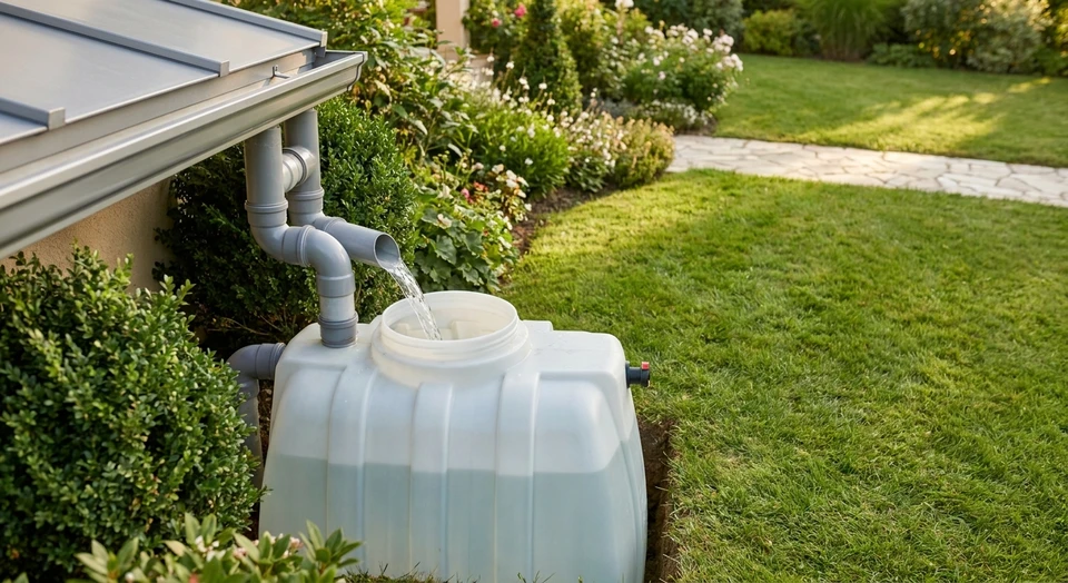 Plan rapproch&eacute; d'une goutti&egrave;re d'aluminium moderne connect&eacute;e &agrave; un syst&egrave;me de tuyauterie visible, se d&eacute;versant dans un r&eacute;servoir de r&eacute;cup&eacute;ration d'eau de pluie translucide ou partiellement visible, install&eacute; dans un jardin r&eacute;sidentiel. L'eau s'&eacute;coule clairement dans le syst&egrave;me. Environnement de jardin am&eacute;nag&eacute; avec espace vert bien entretenu. Image prise en lumi&egrave;re naturelle diurne.