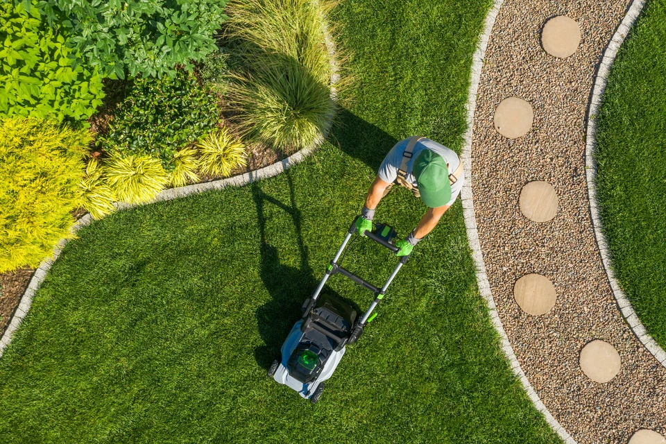 Vue a&eacute;rienne d'un jardinier en tenue verte utilisant une tondeuse &agrave; gazon &eacute;lectrique sur pelouse r&eacute;sidentielle