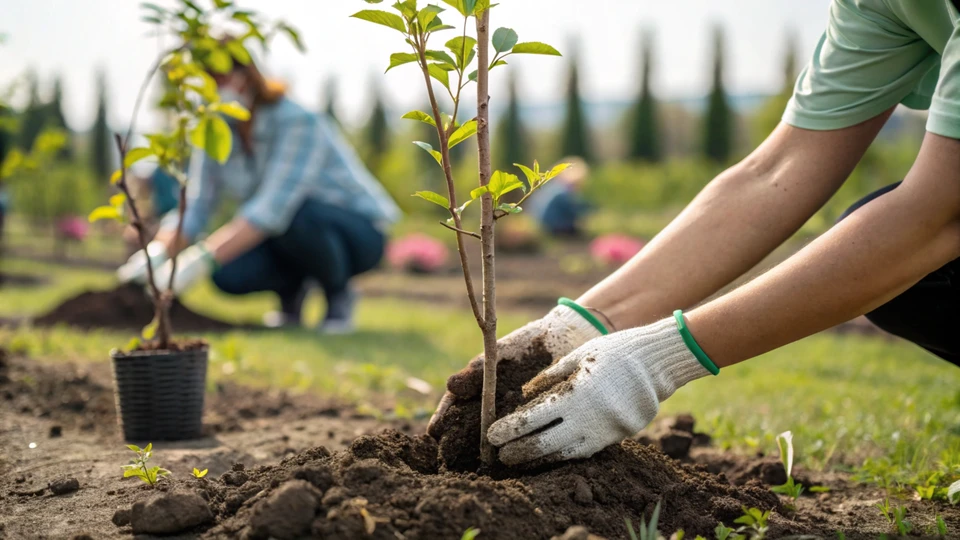 Activité de plantation d'arbres, mains de jardinage, entretien de la nature, conservation de l'environnement, travail d'équipe en plein air, pratiques durables, participation communautaire