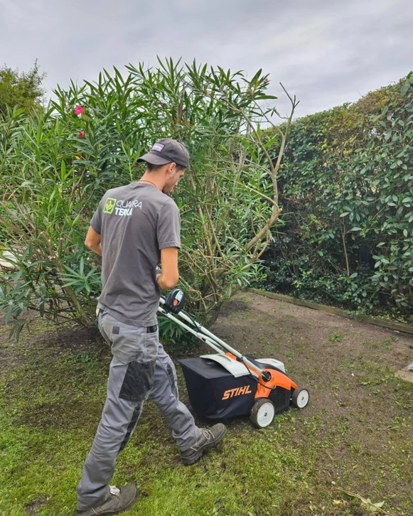 Jardinier professionnel en salopette et chapeau taille une haie verte avec un taille-haie électrique dans un jardin paysager extérieur