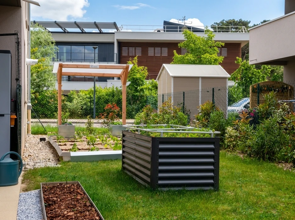 Clôture en bois horizontale récemment installée, séparant une allée goudronnée d'une propriété voisine