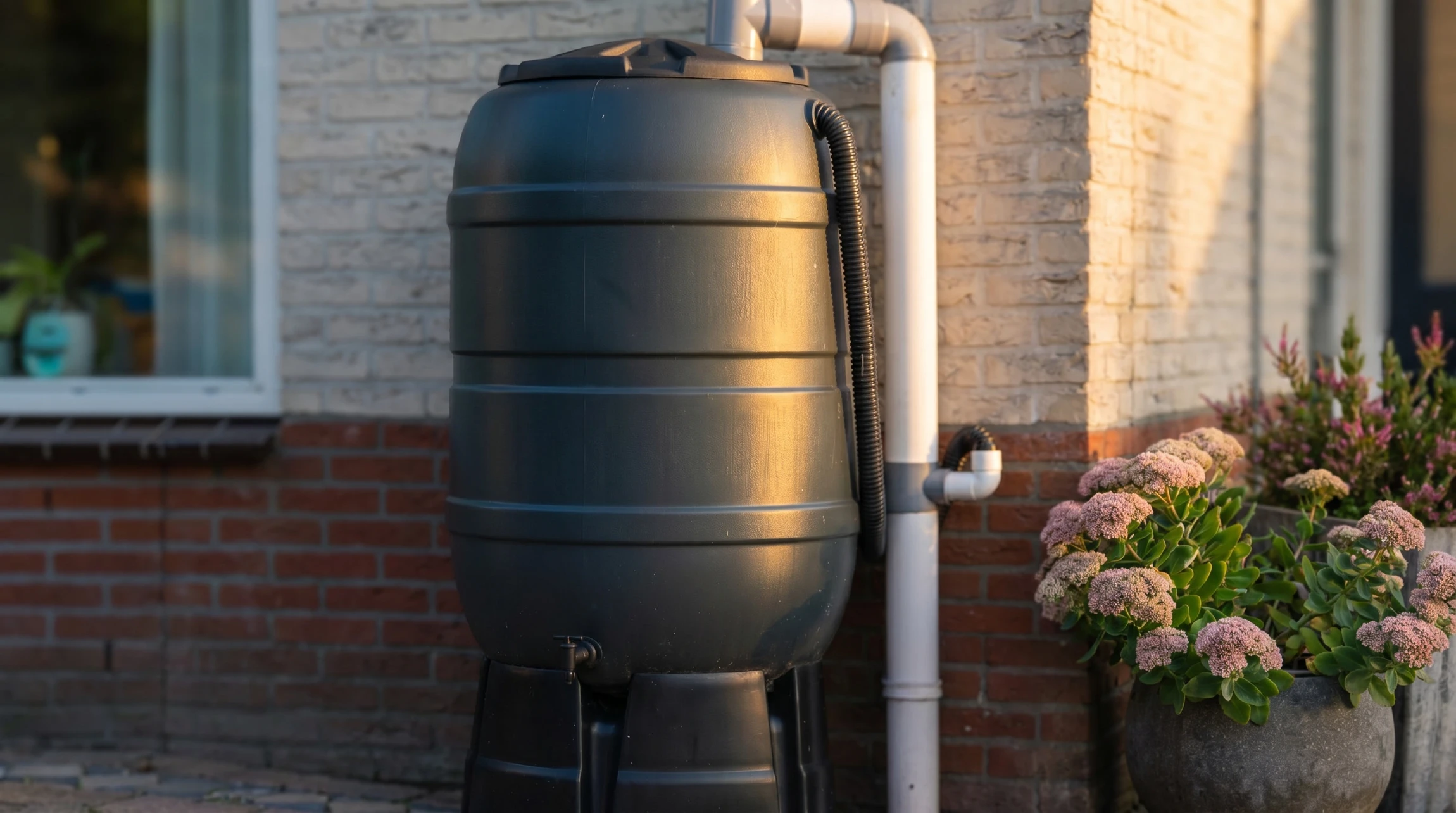 Scène extérieure en plein jour avec main humaine puisant de l'eau claire dans un baril de récupération bleu