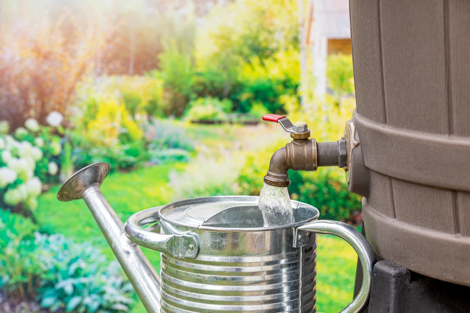 Gros plan d'une gouttière de toit capturant l'eau de pluie qui s'écoule, avec en arrière-plan flou une toiture de maison résidentielle et un ciel nuageux. L'image doit montrer clairement le système de capture de l'eau depuis la toiture, dans un contexte résidentiel authentique, mettant en avant le flux naturel et gratuit de la ressource hydrique.