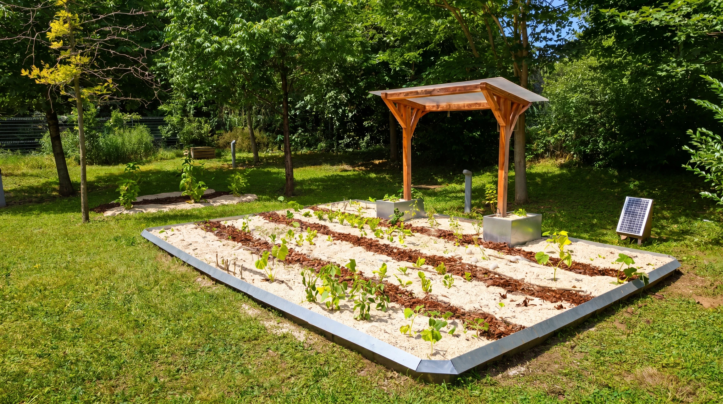 Jardin potager extérieur avec bacs de culture surélevés contenant légumes frais et variés