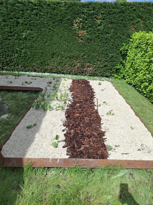 Jardin partagé urbain ensoleillé avec potager surélevé en acier galvanisé anthracite à parois ondulées, pergola en bois douglas, carrés potagers en béton préfabriqué, abri de jardin en métal, arrosoir, récupérateur d'eau